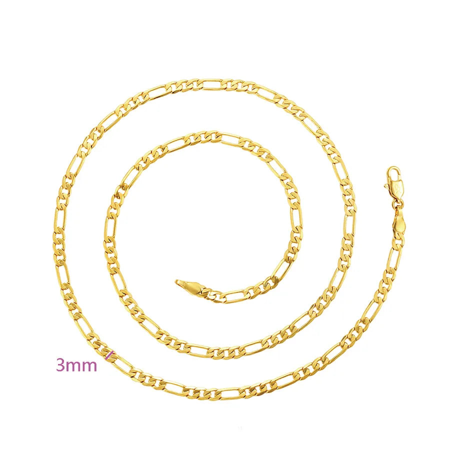 XP Jewelry --( 50 60 cm x 4 mm ) Slim Long Figaro Chain 3:1 Men 24 k Pure Gold Color Fashion European Style