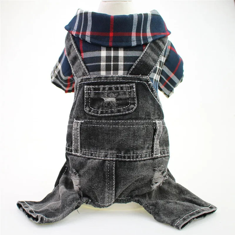 Hund Katze Denim Plaid Jumpsuit Hoodie Haustier Welpen Jean Jacke Frühling/Herbst Kleidung Bekleidung 4 Farben