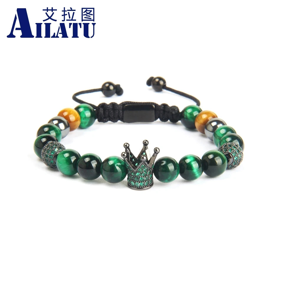 Ailatu 10 teile/los Neue Paare Crown Sets Armband Grün &amp; Rose Natürliche Tigerauge Stein Perlen Gewinde Welle Macrame Schmuck