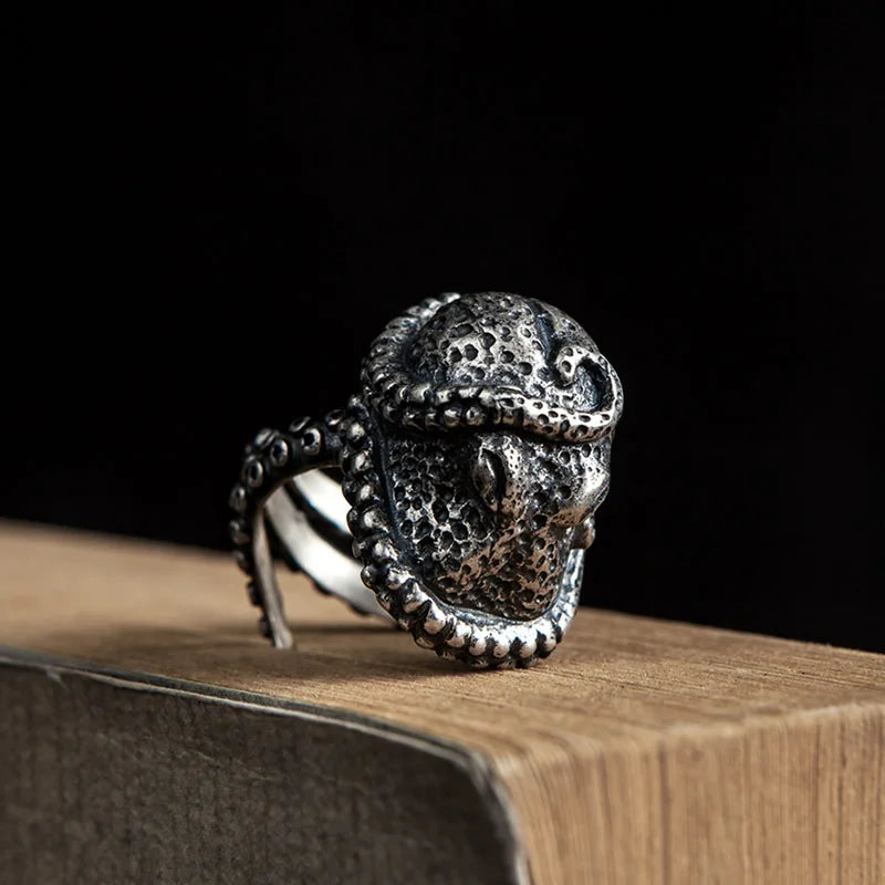 MKENDN Gothic-Ring mit Meerestieren, 100 % 925er Sterlingsilber, Oktopus-Bikerring für Männer und Frauen, Street-Hip-Hop-Punk, dunkler Schmuck