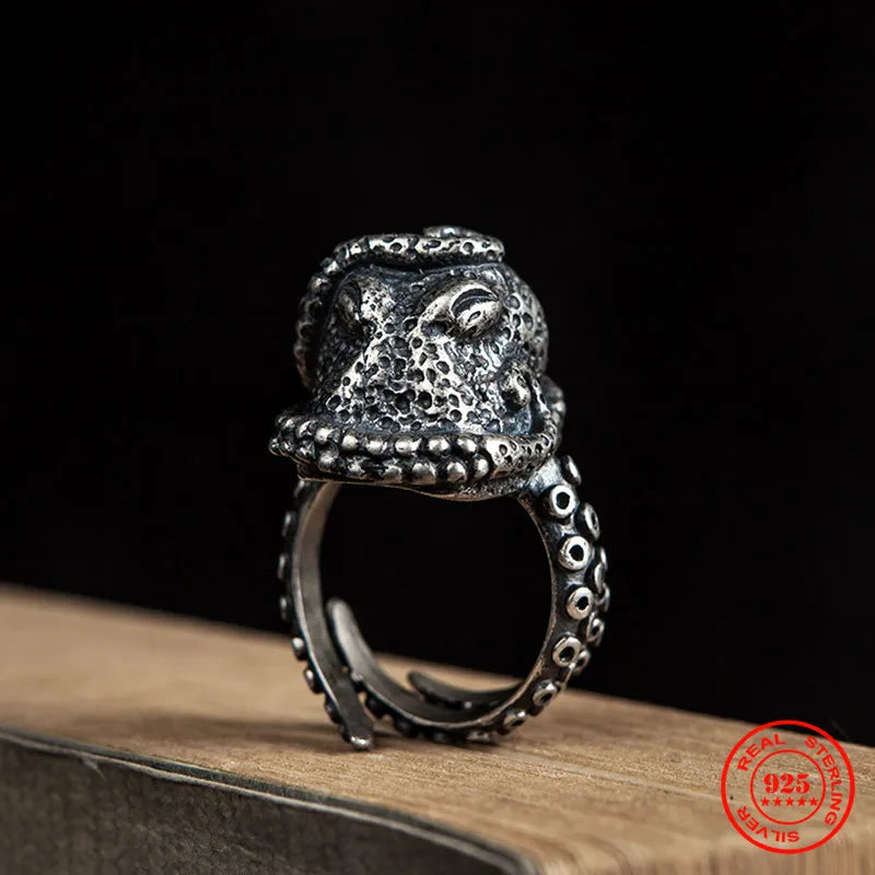 MKENDN Gothic-Ring mit Meerestieren, 100 % 925er Sterlingsilber, Oktopus-Bikerring für Männer und Frauen, Street-Hip-Hop-Punk, dunkler Schmuck