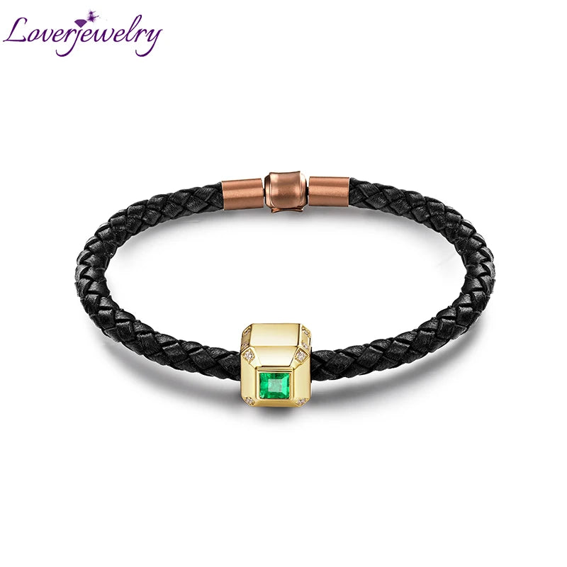 LOVERJEWELRY 18k Yellow Gold Bracelet Au785 Diamond Natural Emerald Gemstone Male Jewelry Bracelets for Men Anniversary Gifts