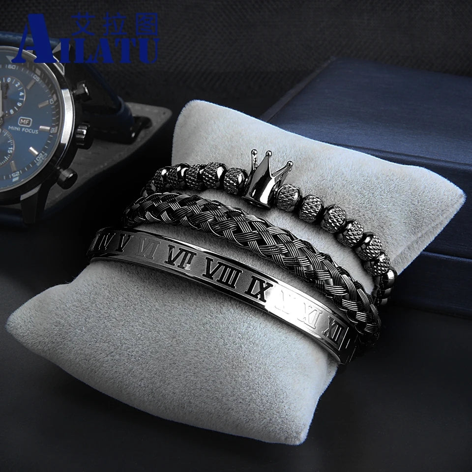 Ailatu 5 Sets Edelstahl Römische Zahl Armreifen Männer Geflochtene Energie Krone Armband Freundschaft Schmuck Kostenloser Logo Service