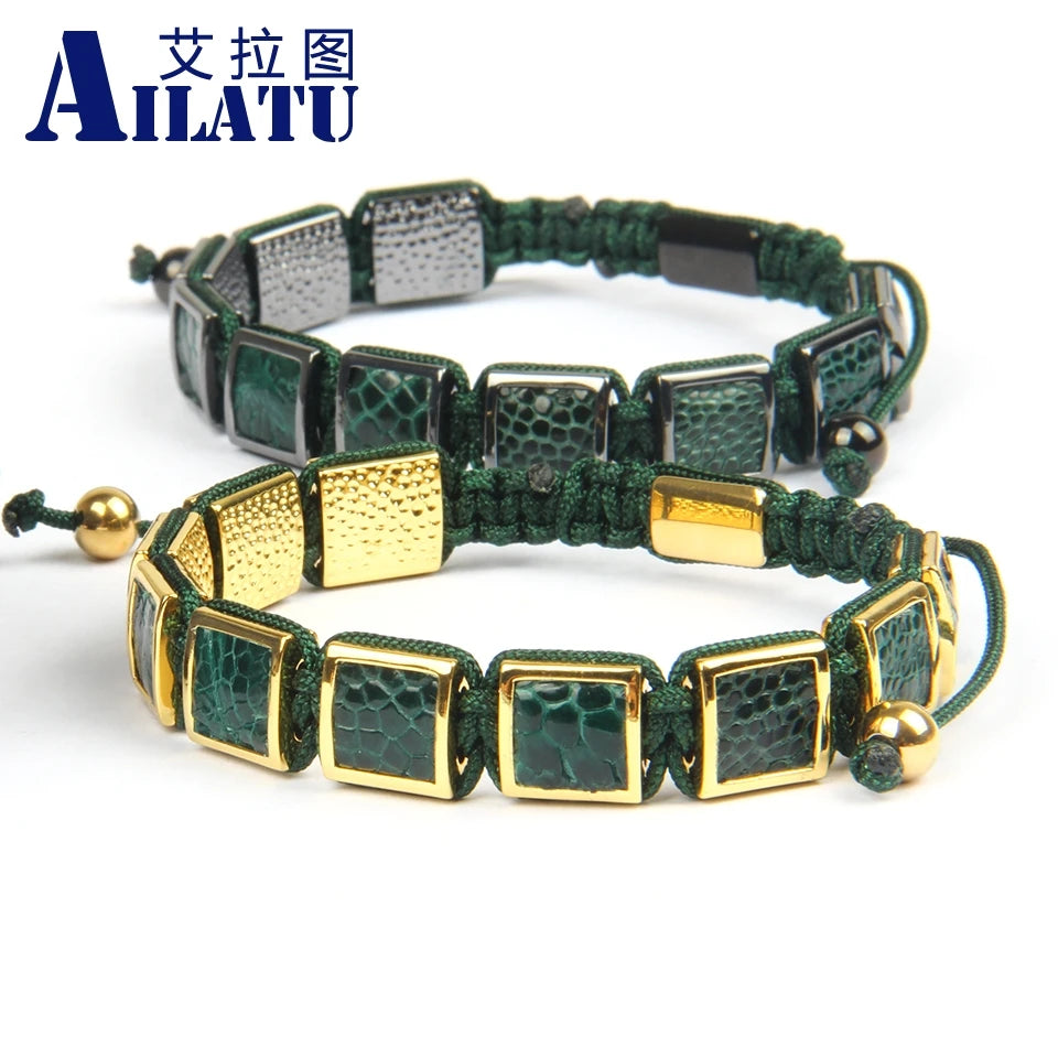 Ailatu 10 Stücke Neue Luxus Echtes Grünes Pythonleder Quadrat Makramee Armband Männer Schmuck Seil Kette Männer Kupfer