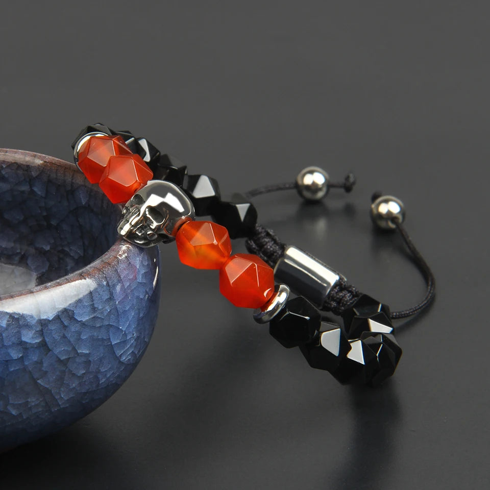 Ailatu 10 teile/los Edelstahl Schädel Flechten Armband Natürliche Faceted Cut Onyx Skeleton Schmuck Seil Kette Grün Männer