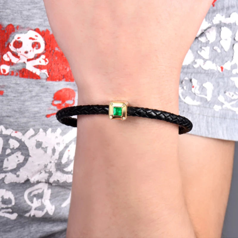 LOVERJEWELRY 18k Yellow Gold Bracelet Au785 Diamond Natural Emerald Gemstone Male Jewelry Bracelets for Men Anniversary Gifts