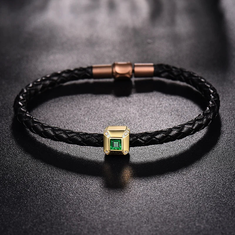 LOVERJEWELRY 18k Yellow Gold Bracelet Au785 Diamond Natural Emerald Gemstone Male Jewelry Bracelets for Men Anniversary Gifts