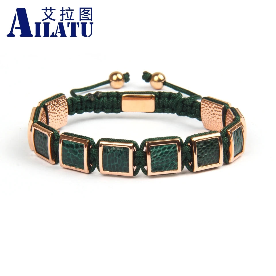 Ailatu 10 Stücke Neue Luxus Echtes Grünes Pythonleder Quadrat Makramee Armband Männer Schmuck Seil Kette Männer Kupfer