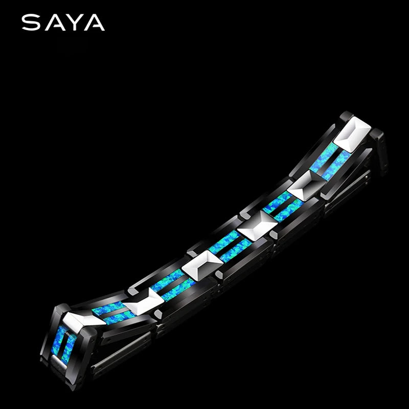 10mm Width Black Ceramic Bracelet Tungsten Links for Men inlay Opal 18.5cm/20cm Length