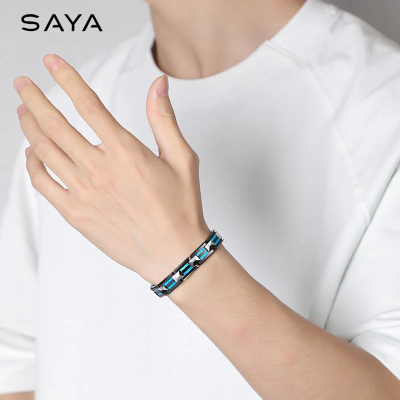 10mm Width Black Ceramic Bracelet Tungsten Links for Men inlay Opal 18.5cm/20cm Length