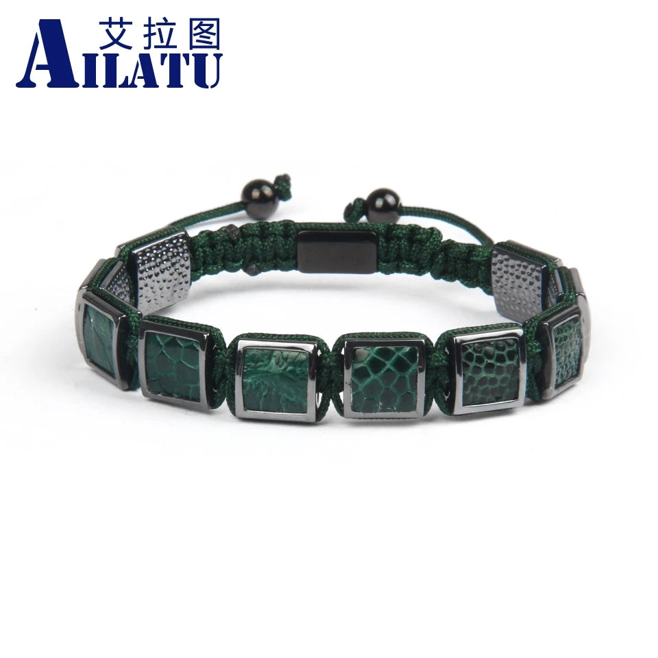Ailatu 10 Stücke Neue Luxus Echtes Grünes Pythonleder Quadrat Makramee Armband Männer Schmuck Seil Kette Männer Kupfer