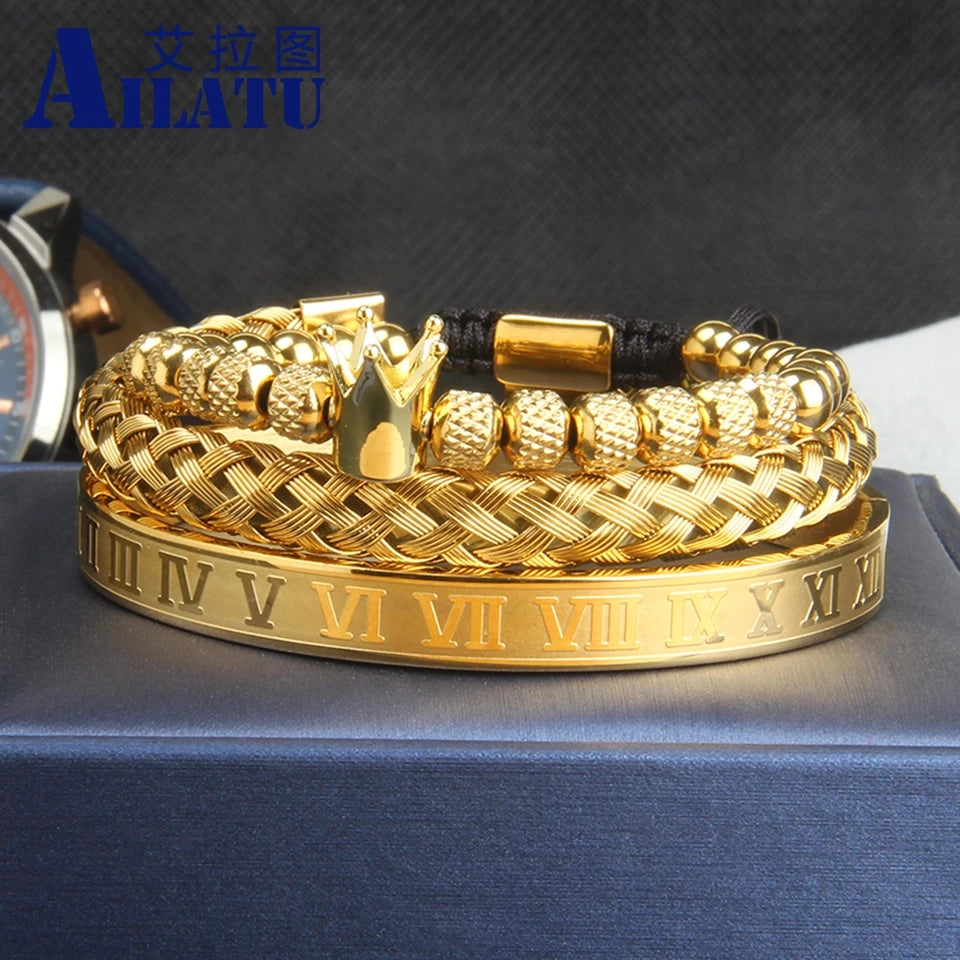 Ailatu 5 Sets Edelstahl Römische Zahl Armreifen Männer Geflochtene Energie Krone Armband Freundschaft Schmuck Kostenloser Logo Service