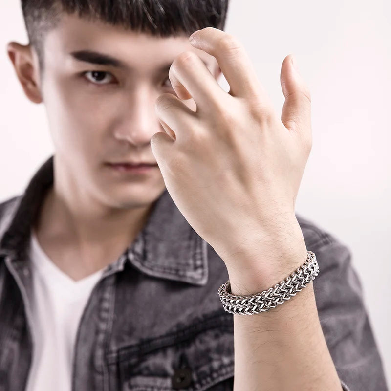 11.5mm Width Titanium Steel Men Bracelets Chain Links Bracelets Two Layers Lengt 17.5cm to 24cm, Engraving