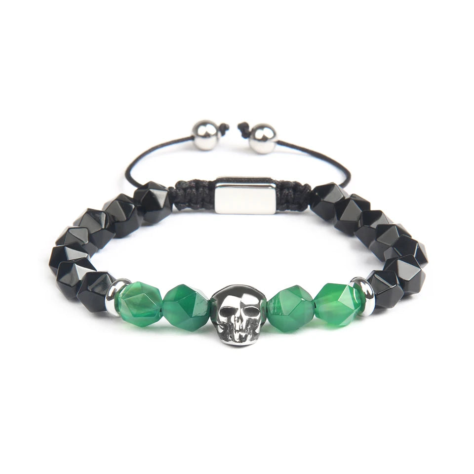 Ailatu 10 teile/los Edelstahl Schädel Flechten Armband Natürliche Faceted Cut Onyx Skeleton Schmuck Seil Kette Grün Männer