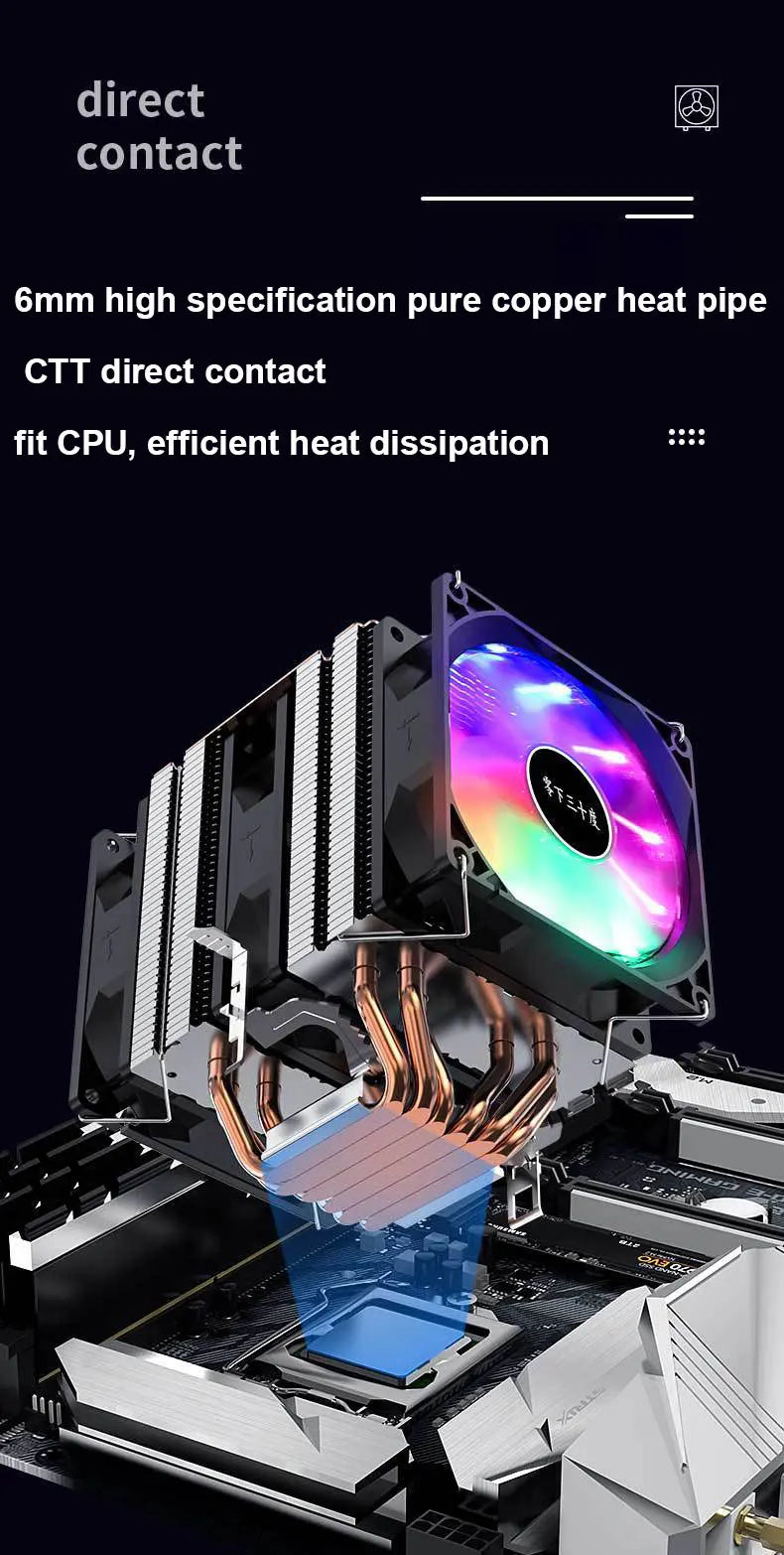 High Quality 6Heat-Pipes RGB 3PIN CPU Cooler Radiator Cooling 3 Fans For AM2/AM3/AM4 LGA 1150 1155 1366 1156 2011 2011-3