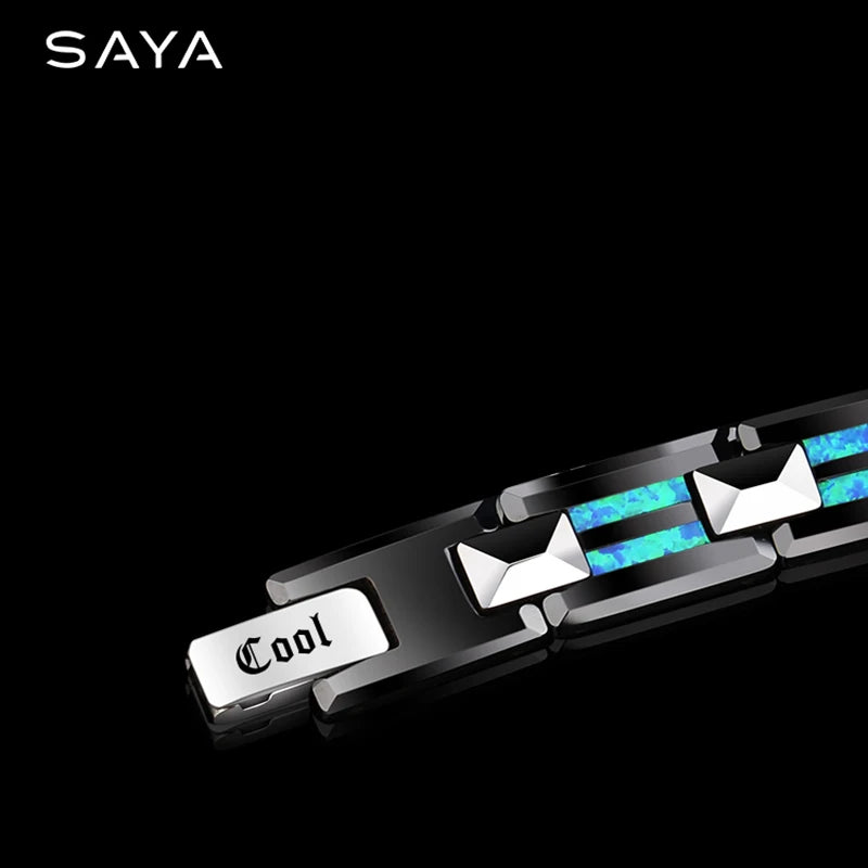10mm Width Black Ceramic Bracelet Tungsten Links for Men inlay Opal 18.5cm/20cm Length