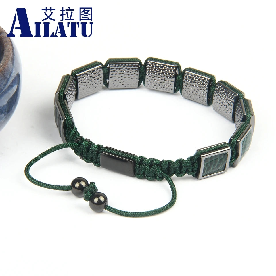 Ailatu 10 Stücke Neue Luxus Echtes Grünes Pythonleder Quadrat Makramee Armband Männer Schmuck Seil Kette Männer Kupfer