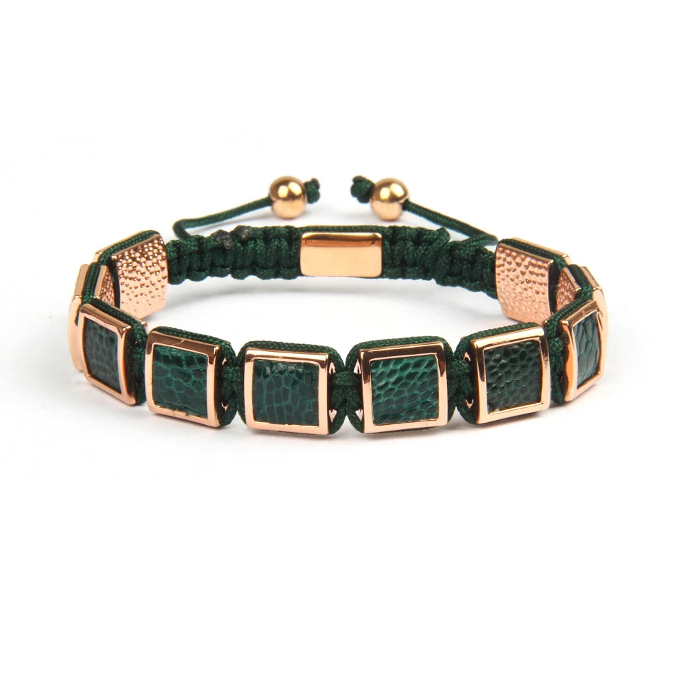 Ailatu 10 Stücke Neue Luxus Echtes Grünes Pythonleder Quadrat Makramee Armband Männer Schmuck Seil Kette Männer Kupfer