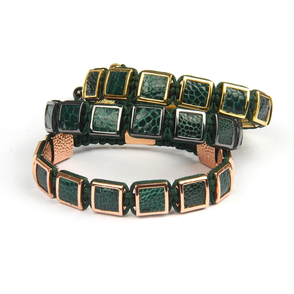 Ailatu 10 Stücke Neue Luxus Echtes Grünes Pythonleder Quadrat Makramee Armband Männer Schmuck Seil Kette Männer Kupfer