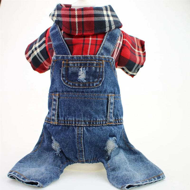 Hund Katze Denim Plaid Jumpsuit Hoodie Haustier Welpen Jean Jacke Frühling/Herbst Kleidung Bekleidung 4 Farben