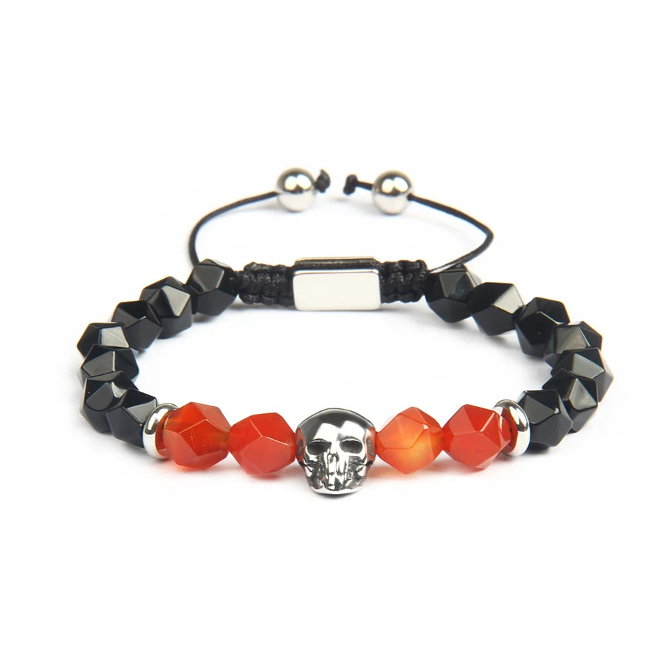 Ailatu 10 teile/los Edelstahl Schädel Flechten Armband Natürliche Faceted Cut Onyx Skeleton Schmuck Seil Kette Grün Männer