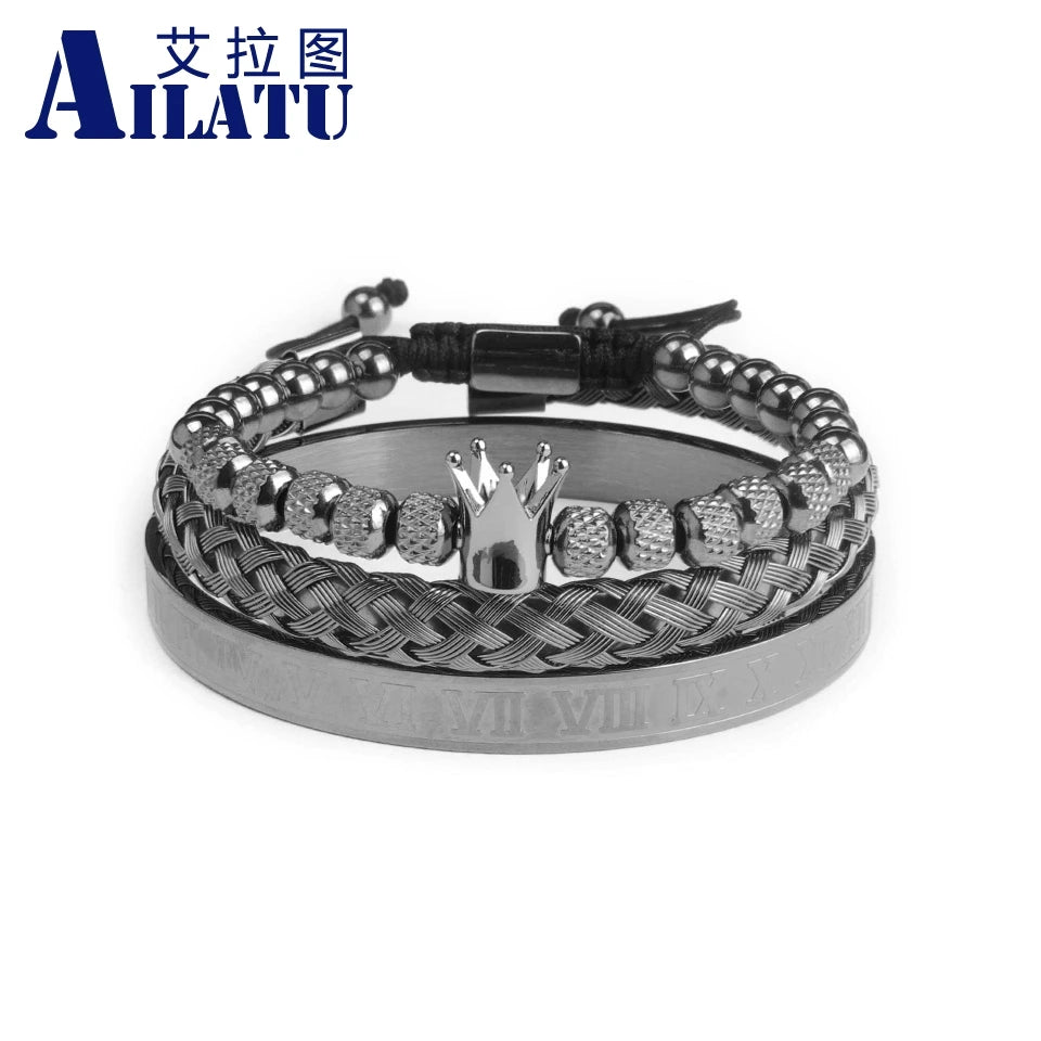 Ailatu 5 Sets Edelstahl Römische Zahl Armreifen Männer Geflochtene Energie Krone Armband Freundschaft Schmuck Kostenloser Logo Service
