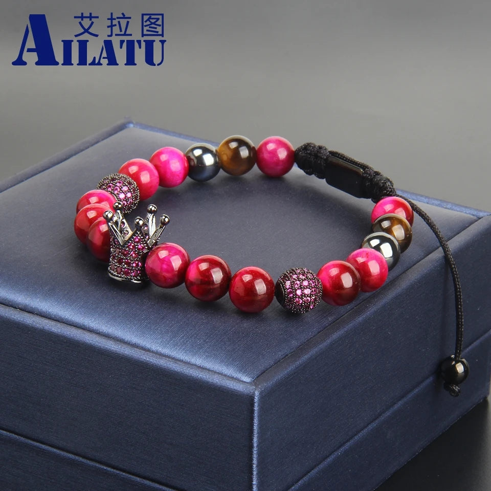 Ailatu 10 teile/los Neue Paare Crown Sets Armband Grün &amp; Rose Natürliche Tigerauge Stein Perlen Gewinde Welle Macrame Schmuck
