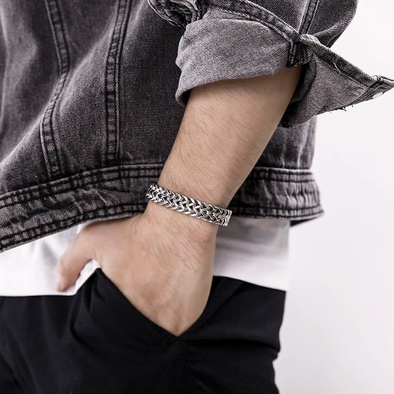 11.5mm Width Titanium Steel Men Bracelets Chain Links Bracelets Two Layers Lengt 17.5cm to 24cm, Engraving
