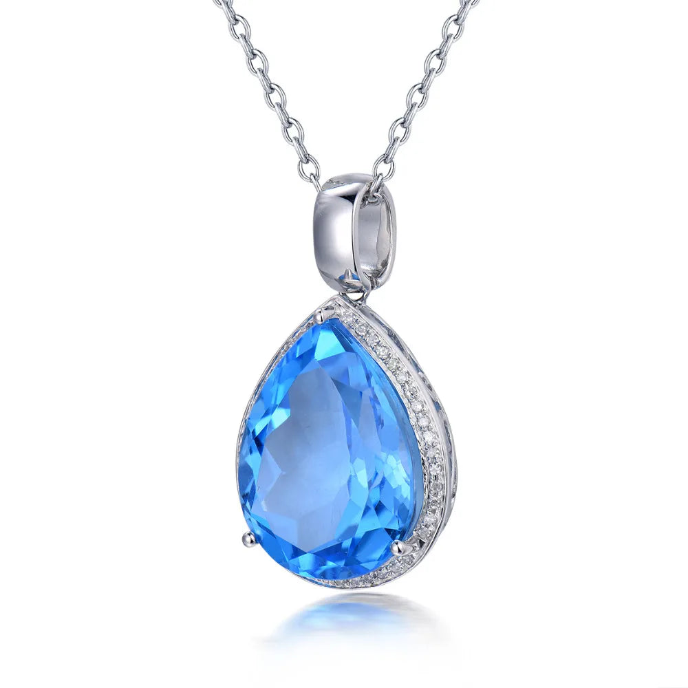 LOVERJEWELRY Висулка с круша 15x20 мм Истинско 14K бяло злато с диаманти и син топаз, висулки за жени, парти бижута без верижка