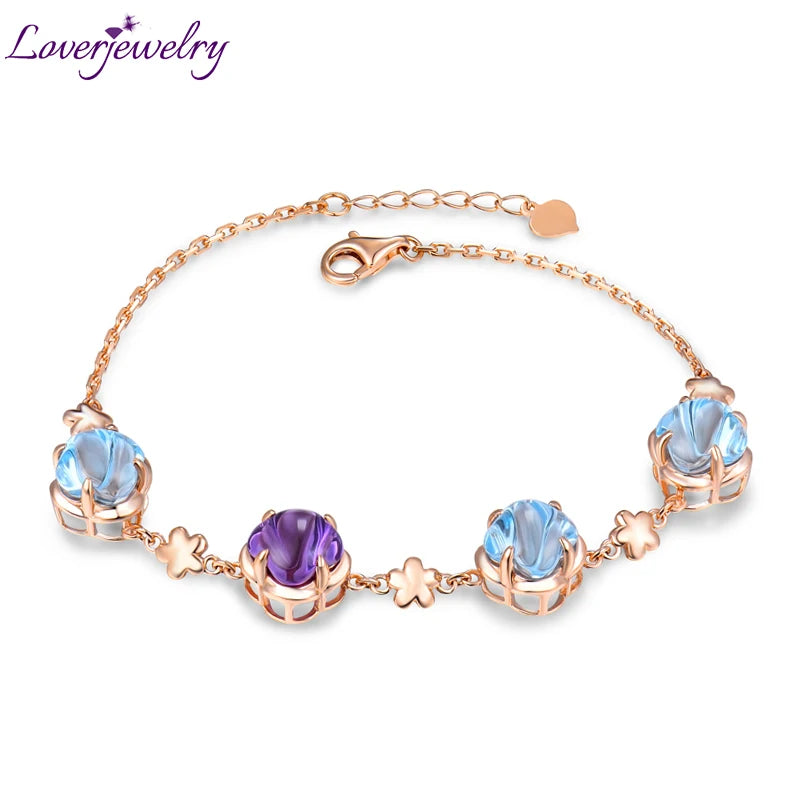LOVERJEWELRY Citrine Topaz Amethyst Bracelet Real 14K Rose Gold Bangle Fine Jewelry for Wife Daughter Birthday Gift