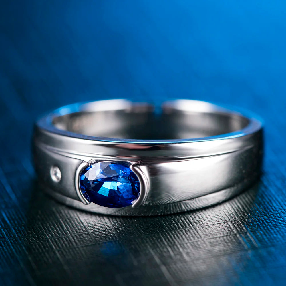 LOVERJEWELRY Men Jewelry Ring Pure 18KT White Gold Natural Sapphire Gemstone Ring Diamond Man Rings For Husband Anniversary Gift