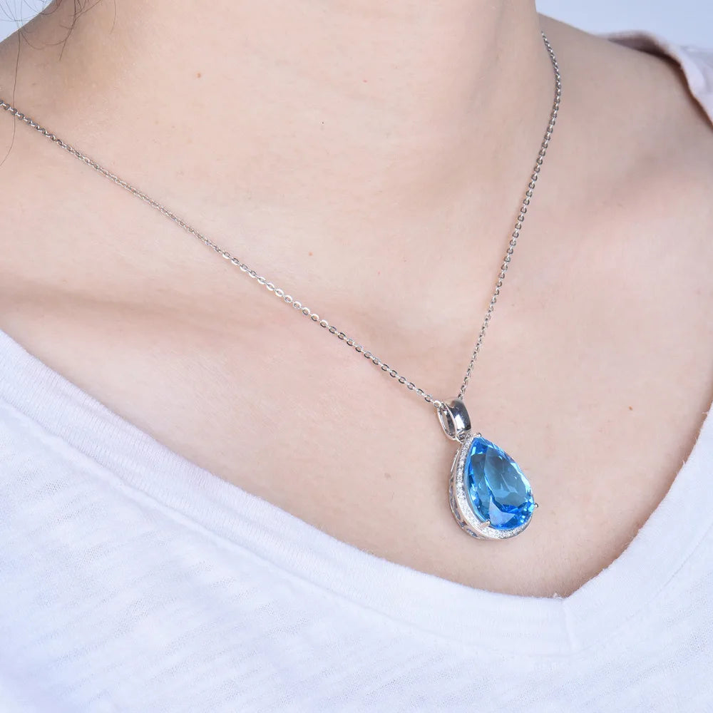 LOVERJEWELRY Висулка с круша 15x20 мм Истинско 14K бяло злато с диаманти и син топаз, висулки за жени, парти бижута без верижка