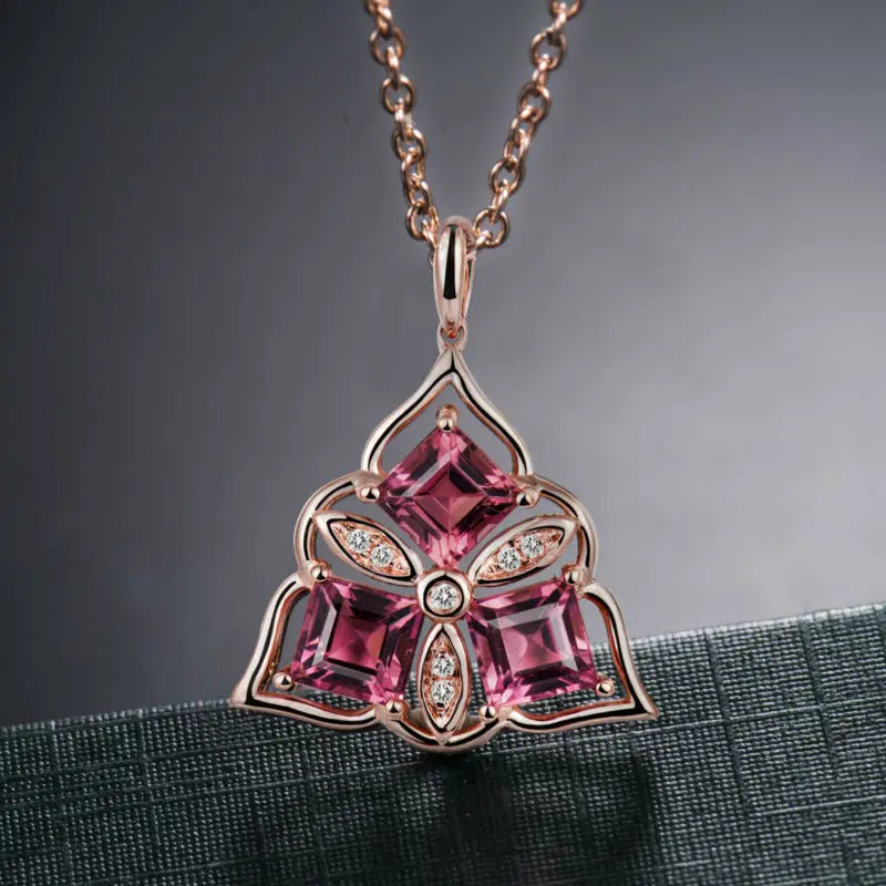 LOVERJEWELRY Lovely Flower Design 18Kt Rose Gold Diamonds Pink Tourmaline Pendants for Girl Jewelry Gift WP066