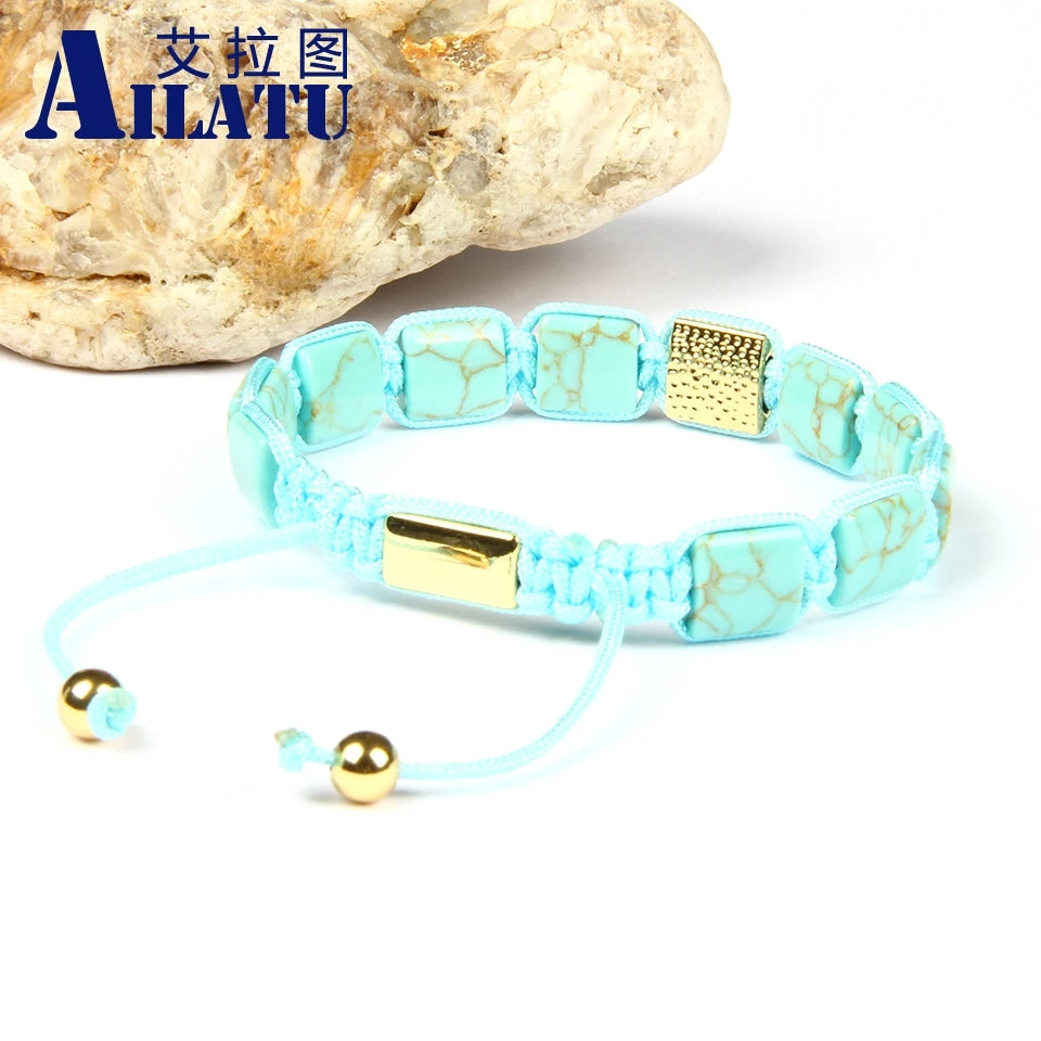 Ailatu 10 Teile/los Männer Armband Howlite Platz Echt Stingray Leder Macrame Armbänder Künstlichen Howlite Flache Stein Perlen