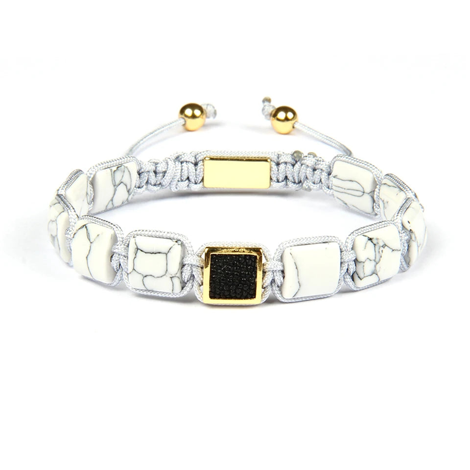 Ailatu 10 Teile/los Männer Armband Howlite Platz Echt Stingray Leder Macrame Armbänder Künstlichen Howlite Flache Stein Perlen