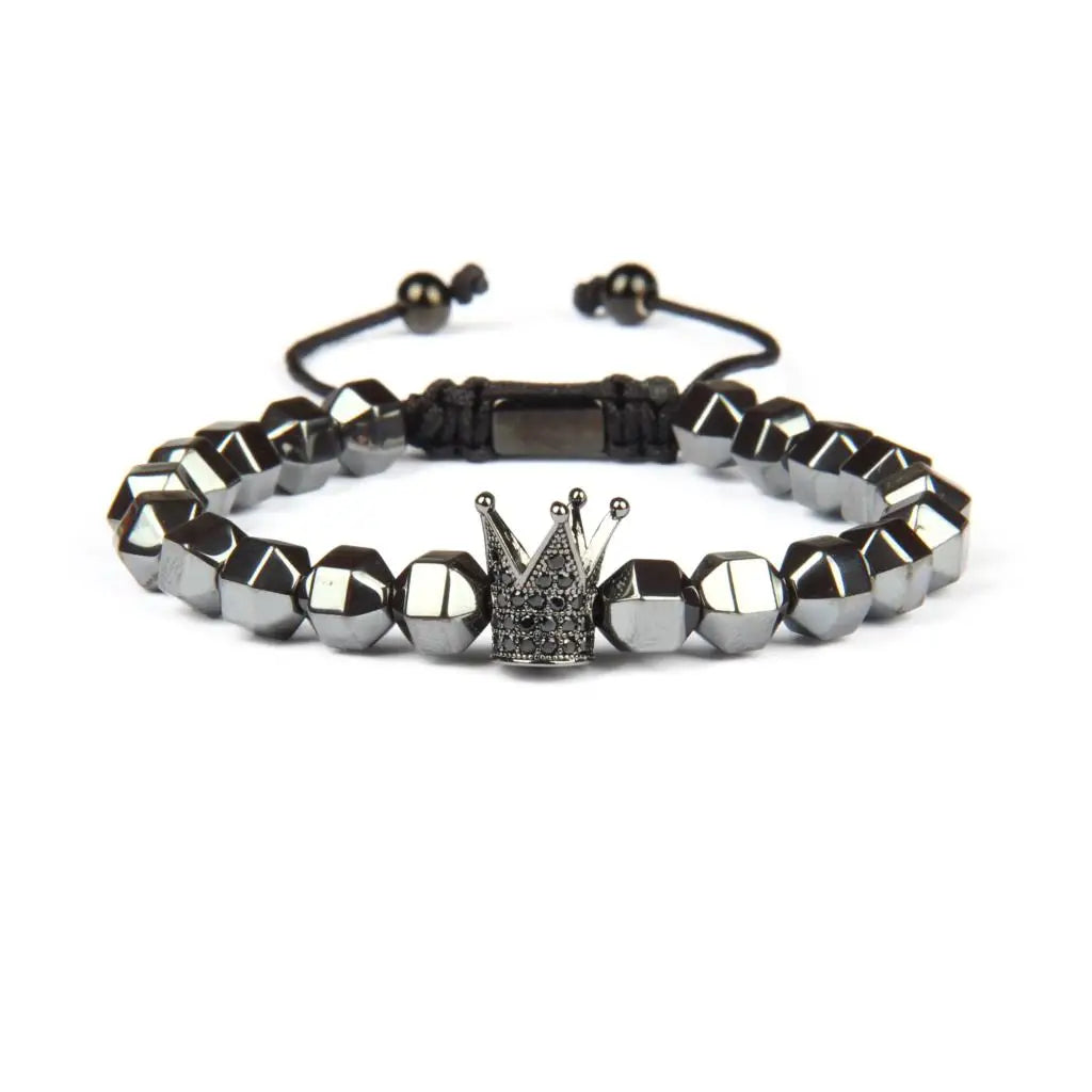 Ailatu 10 teile/los Crown Armband Schwarz Hämatit Perlen Macrame Pulseira Masculina Schmuck Anpassbare Stil und Laser Logo