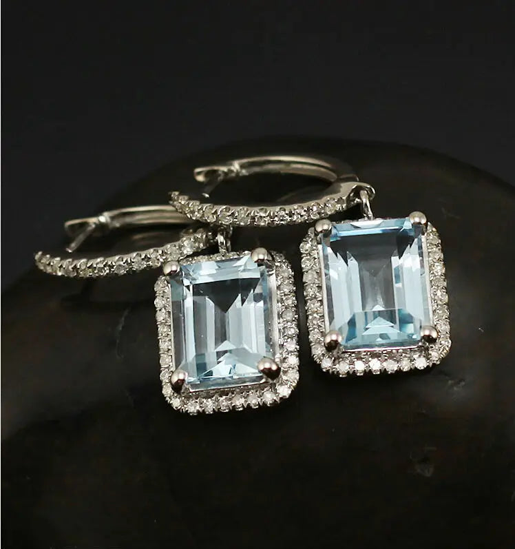 LOVERJEWELRY Дамски висящи обеци с изумруден шлиф 7x9 мм, камък чисто 14K бяло злато, диамант, топаз, годежни обеци, бижута за жени