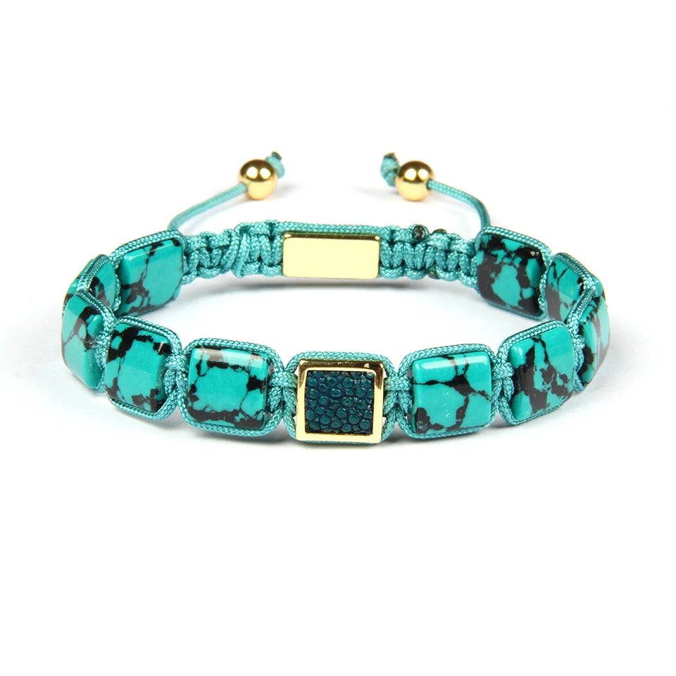 Ailatu 10 Teile/los Männer Armband Howlite Platz Echt Stingray Leder Macrame Armbänder Künstlichen Howlite Flache Stein Perlen