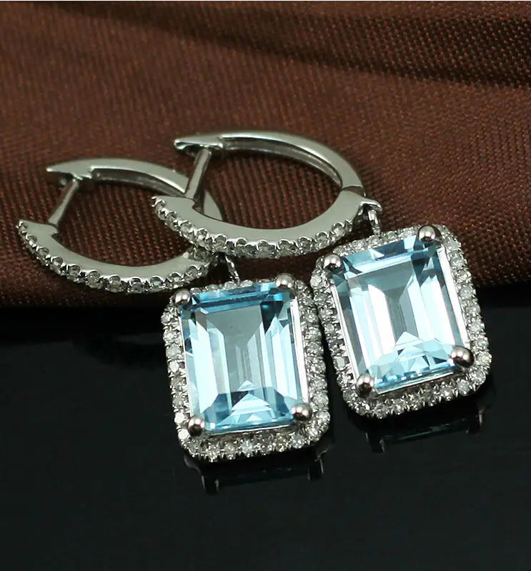 LOVERJEWELRY Дамски висящи обеци с изумруден шлиф 7x9 мм, камък чисто 14K бяло злато, диамант, топаз, годежни обеци, бижута за жени
