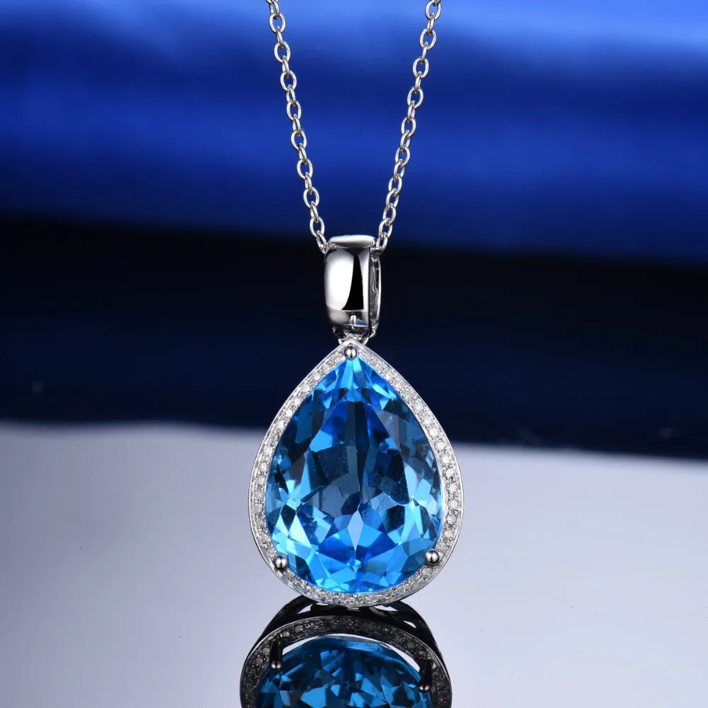 LOVERJEWELRY Висулка с круша 15x20 мм Истинско 14K бяло злато с диаманти и син топаз, висулки за жени, парти бижута без верижка