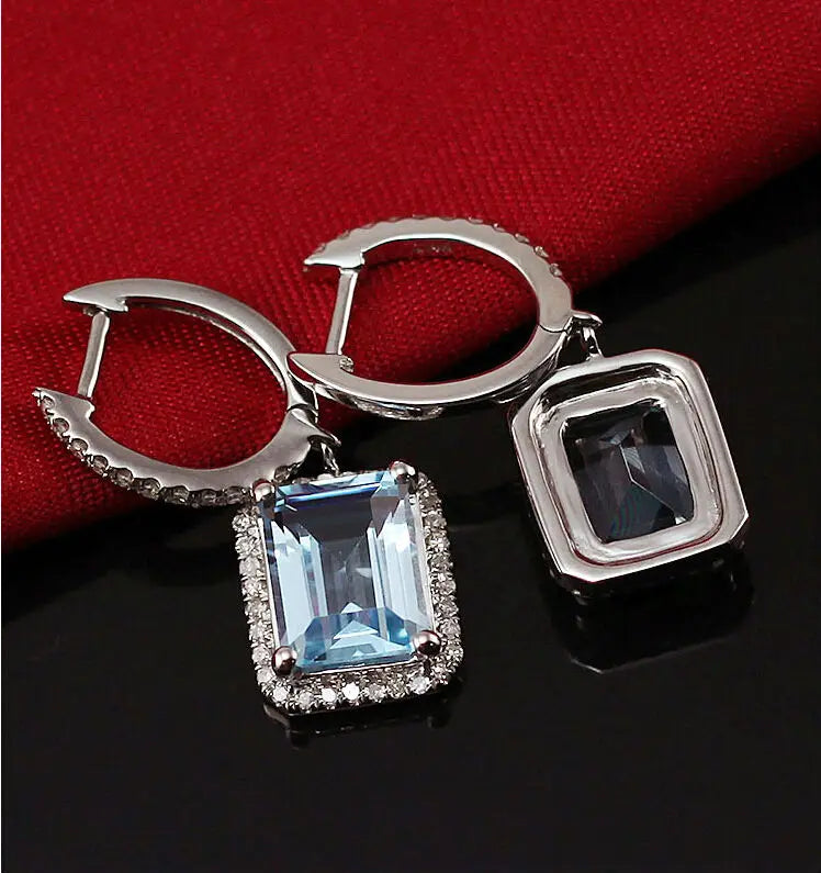 LOVERJEWELRY Дамски висящи обеци с изумруден шлиф 7x9 мм, камък чисто 14K бяло злато, диамант, топаз, годежни обеци, бижута за жени