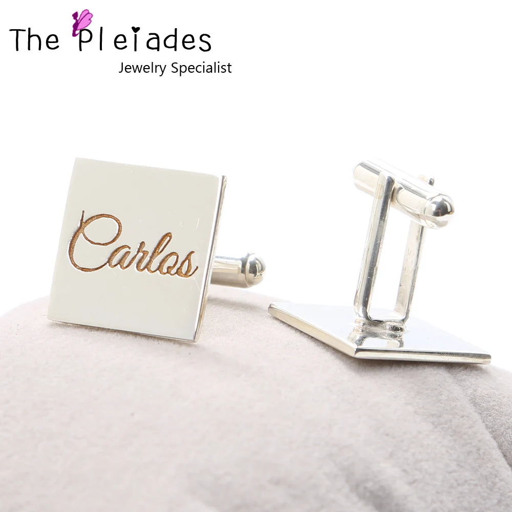 Manschettenknöpfe aus massivem 925er Silber mit eingravierter Unterschrift in Gelbgold, personalisierter Herrenschmuck, individuelles Logo, quadratische Manschettenknöpfe