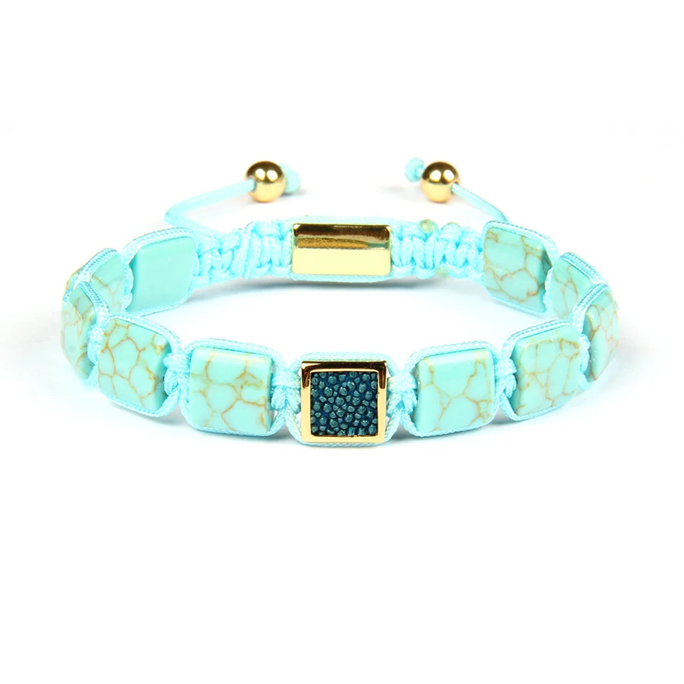 Ailatu 10 Teile/los Männer Armband Howlite Platz Echt Stingray Leder Macrame Armbänder Künstlichen Howlite Flache Stein Perlen