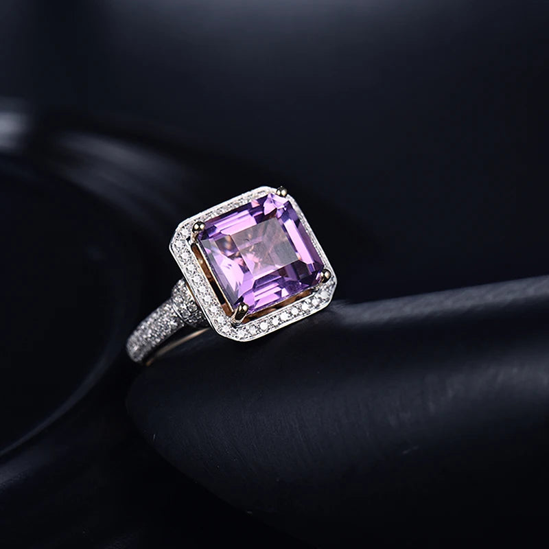 LOVERJEWELRY Klassische Damenringe aus massivem 6,22 Karat Gelbgold, Diamant, lila Amethyst, für Verlobung, Ehering, Schmuck, Geschenk