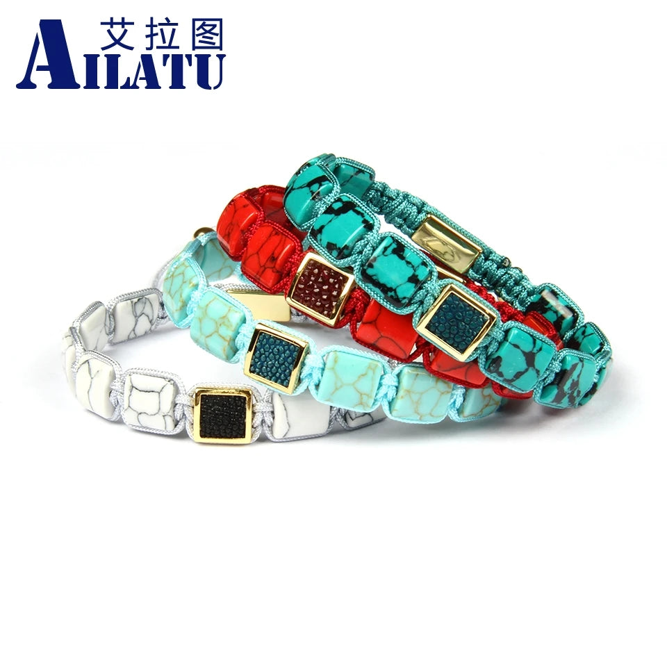 Ailatu 10 Teile/los Männer Armband Howlite Platz Echt Stingray Leder Macrame Armbänder Künstlichen Howlite Flache Stein Perlen