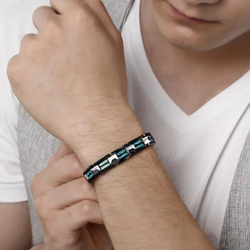 10mm Width Black Ceramic Bracelet Tungsten Links for Men inlay Opal 18.5cm/20cm Length