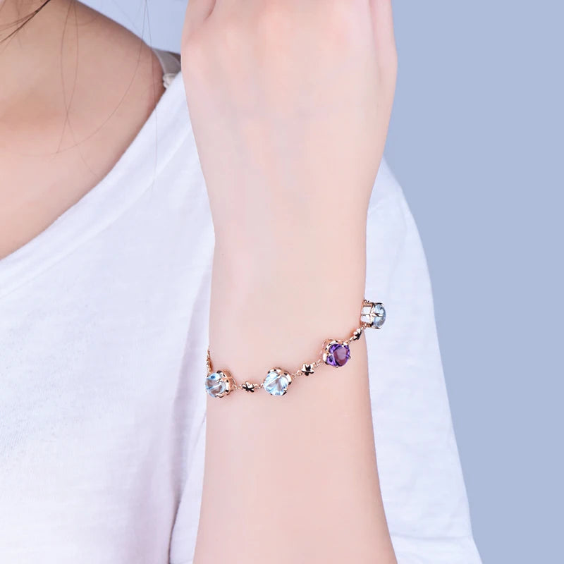 LOVERJEWELRY Citrine Topaz Amethyst Bracelet Real 14K Rose Gold Bangle Fine Jewelry for Wife Daughter Birthday Gift