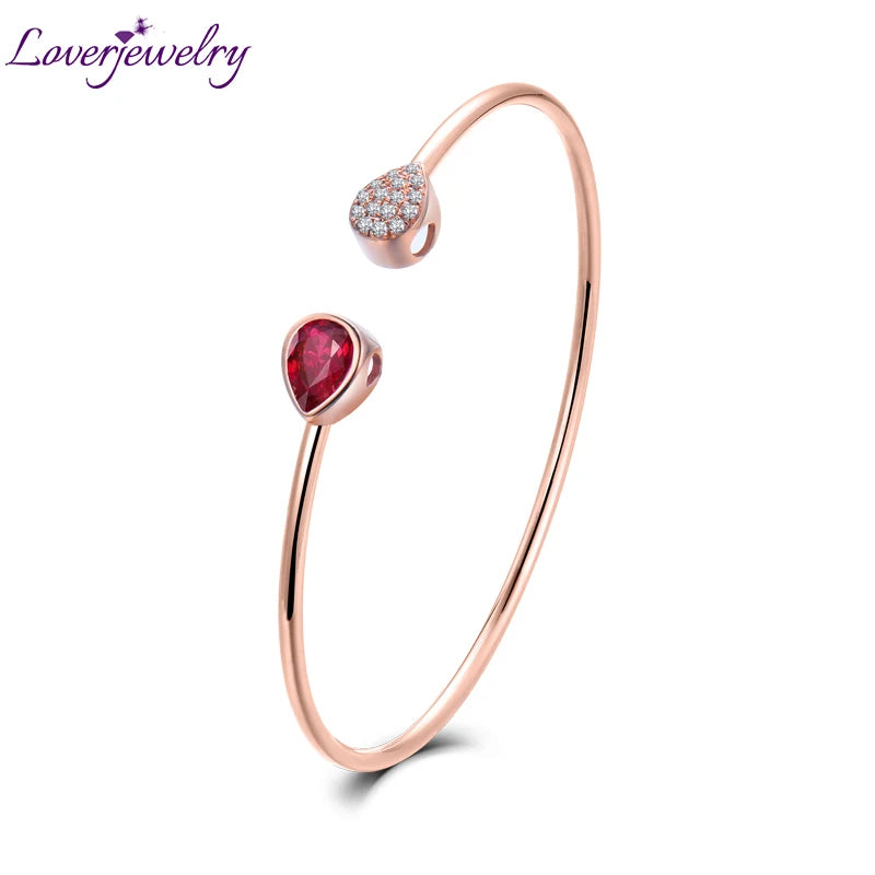 LOVERJEWELRY Bangle Solid 18K Rose Gold Pear Cut Natural Ruby Wedding Diamond Bracelet Promised Jewelry for Women Christmas Gift