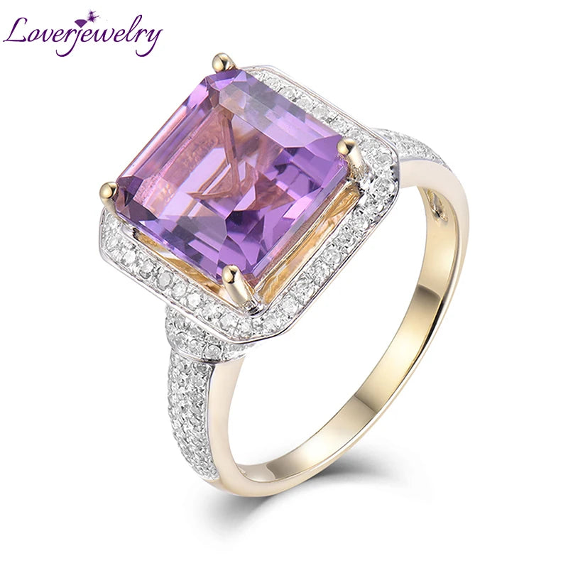 LOVERJEWELRY Klassische Damenringe aus massivem 6,22 Karat Gelbgold, Diamant, lila Amethyst, für Verlobung, Ehering, Schmuck, Geschenk