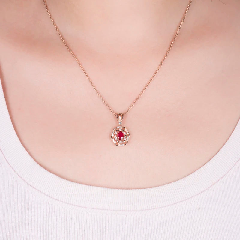 LOVERJEWELRY Elegant Red Ruby Pendant Women Necklace Jewelry Real 14K Rose Gold Natural Diamonds Pendants for Girls Party Gift